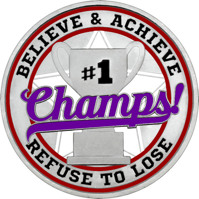 Purple "Champs!" with Maroon Outer Circular Borders